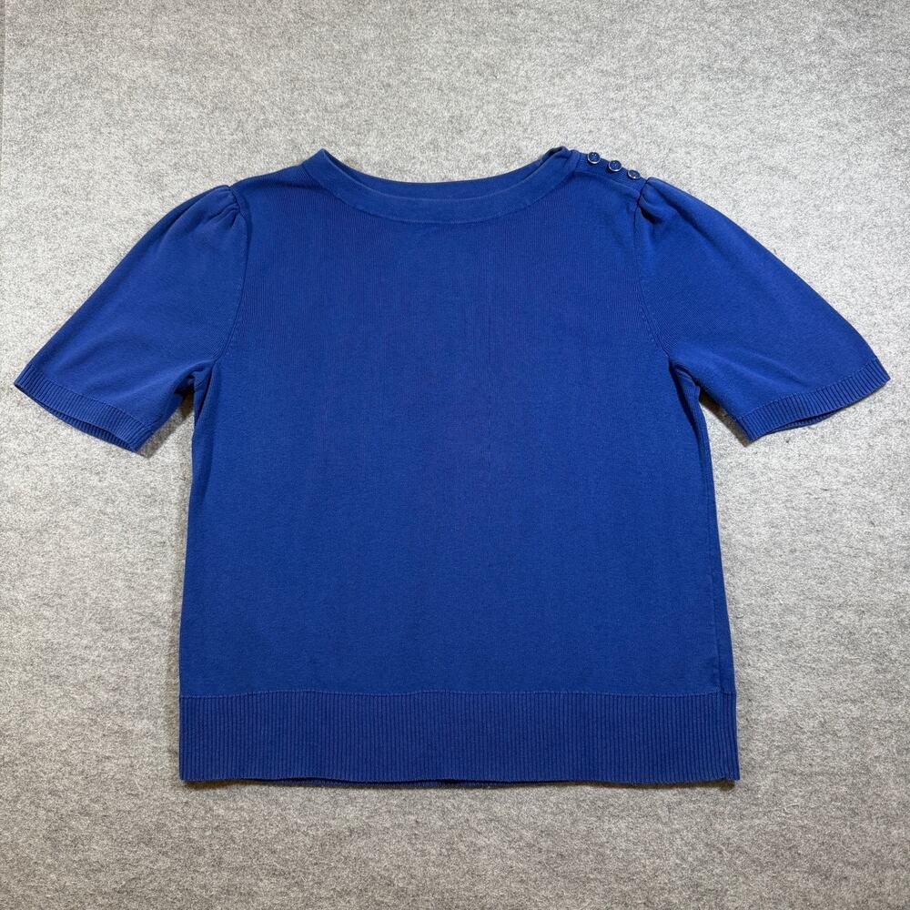 Talbots Sweater Womens L Blue Puff Sleeve Ribbed Knit Shoulder Button Cotton